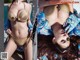 A woman in a bikini laying on the ground.