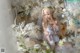 A woman in a wedding dress sitting on a bed of flowers.