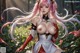 A woman with long pink hair and a revealing outfit stands in a forest setting.