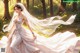 A woman in a wedding dress walking through a forest.