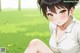 Anime girl sitting on the grass in a white shirt.